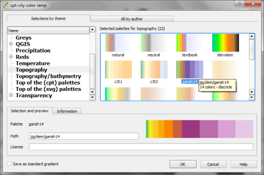 In the "cpt-city color ramp" window, you will find lots of different premade color ramps. "garish14" is part of the "Topography" collection.