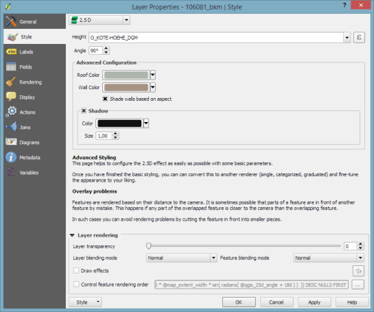 QGIS 2.5D renderer settings