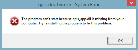 The program can't start because qgis_app.dll is missing from your computer. Try reinstalling the program to fix the problem.